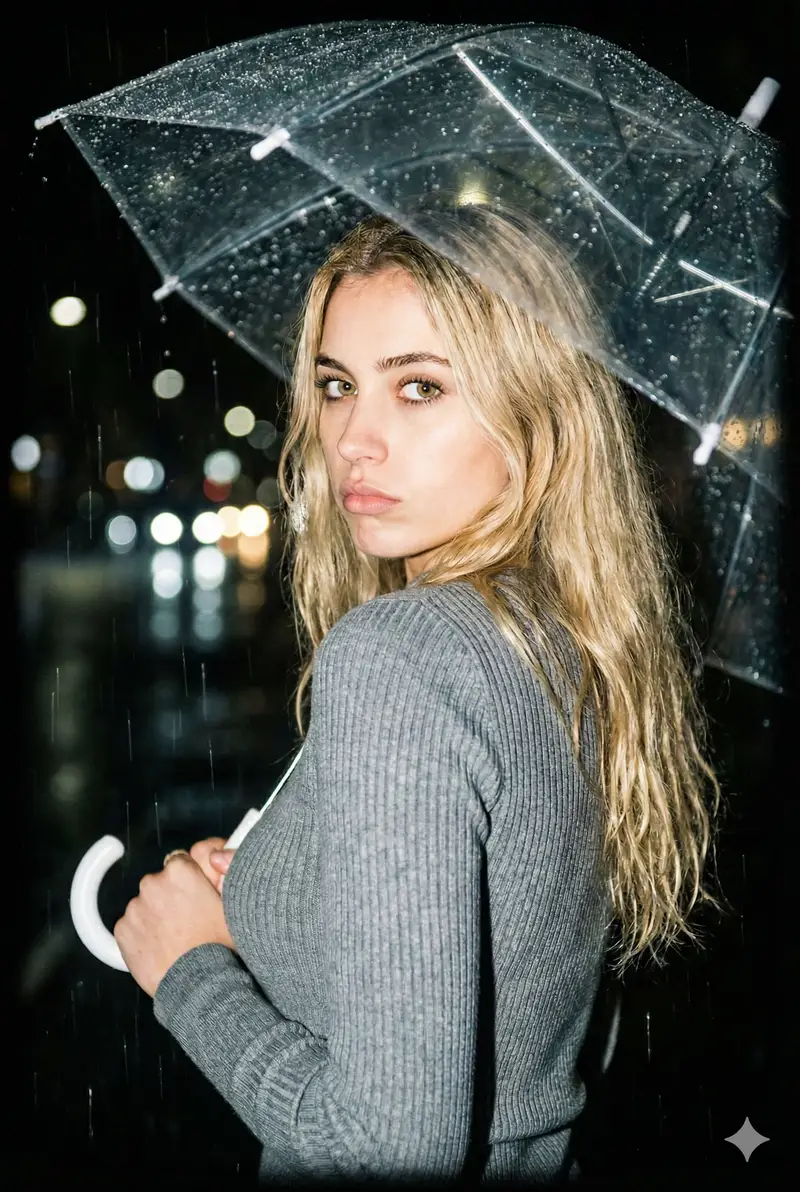 پیش‌نمایش Nighttime Rainy Umbrella Portrait Prompt
