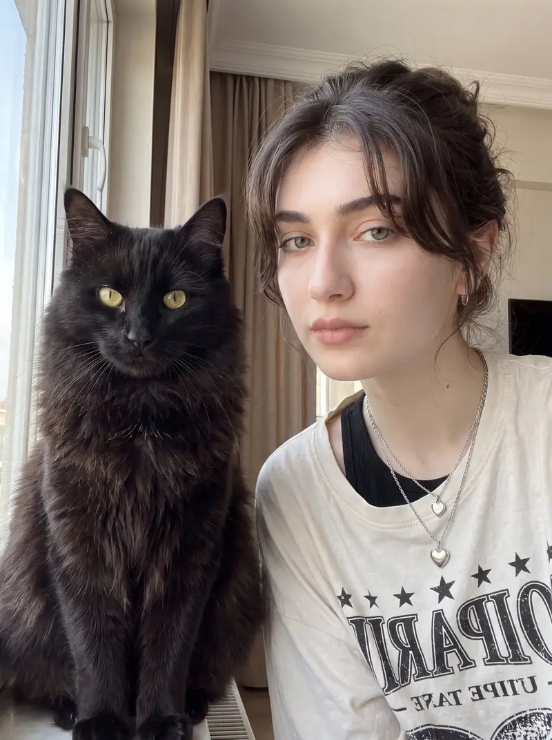 Preview of Woman with Fluffy Black Cat Portrait