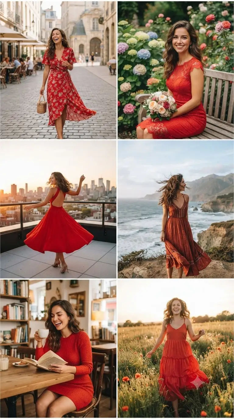 پیش‌نمایش Smiling Woman in Red Dress Collage