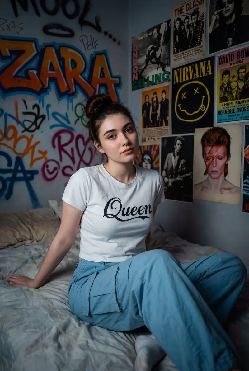 Preview of Cinematic Portrait of a Woman on a Messy Bed with Graffiti Background