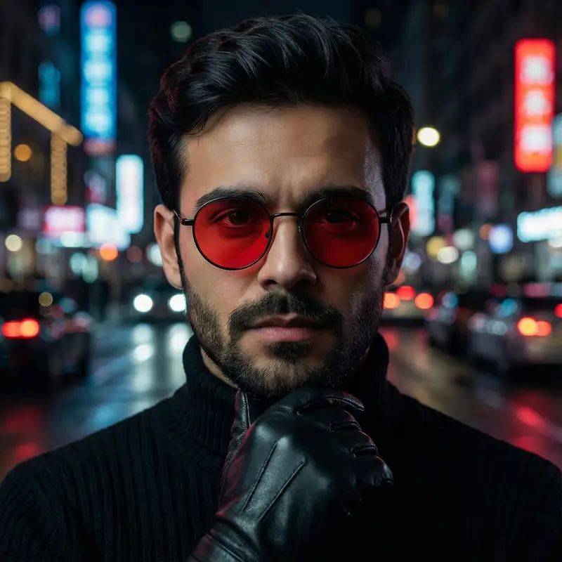 پیش‌نمایش پرامپت پرترهٔ کلوزآپ سینمایی با عینک قرمز