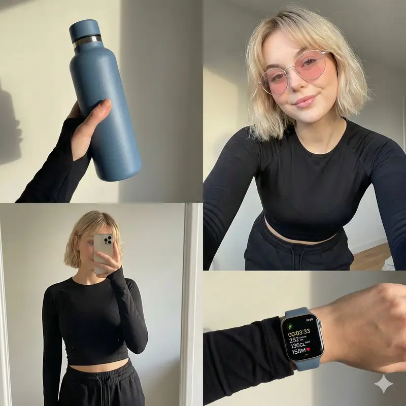 پیش‌نمایش Four-grid lifestyle collage of an Asian woman in activewear, post-workout