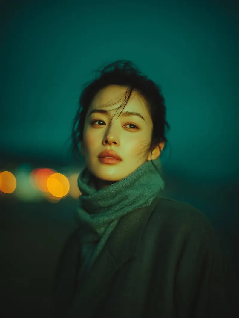 پیش‌نمایش Cinematic Night Portrait with Teal-Green Grading