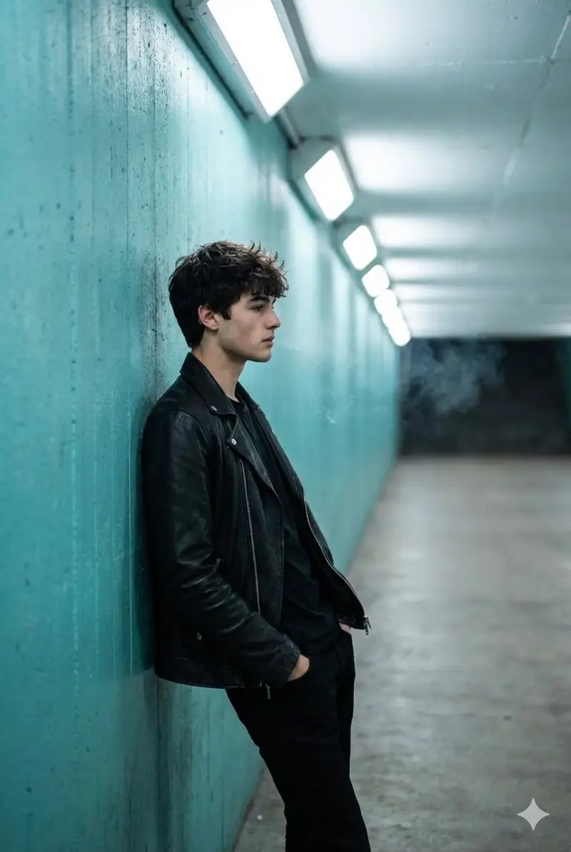 Preview of Cinematic Full Shot of a Man in a Turquoise Tunnel