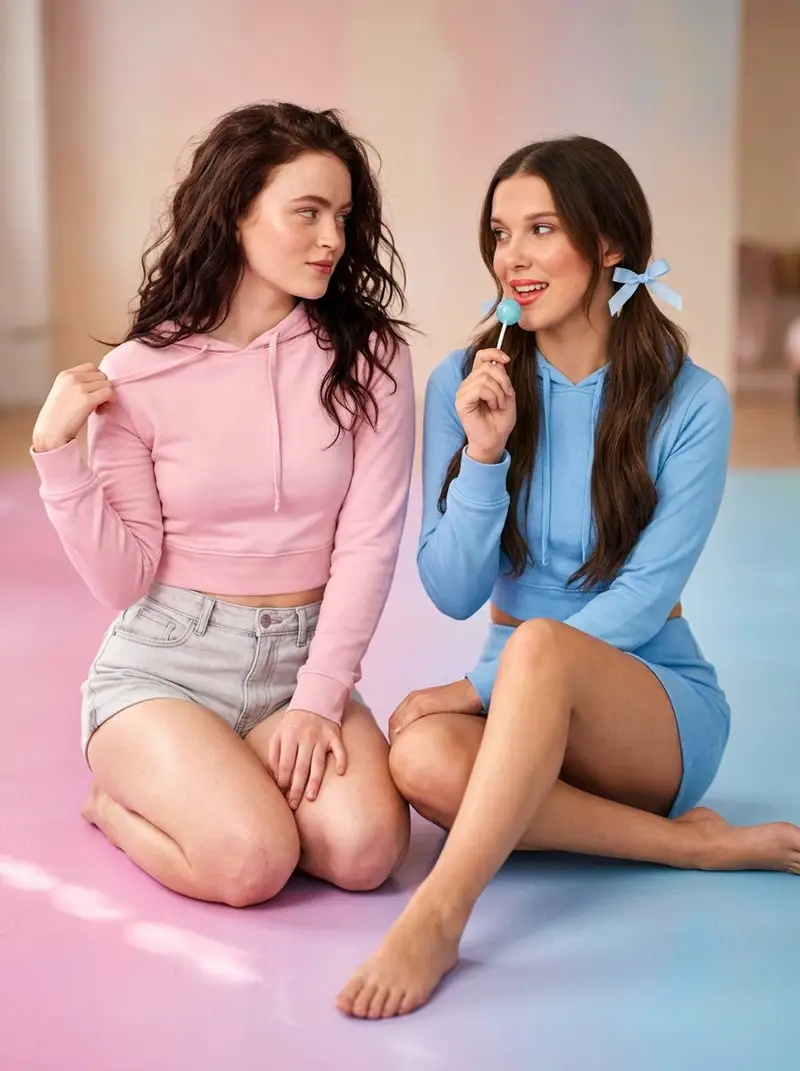 Preview of Playful Pastel Studio Portrait of Sadie Sink and Millie Bobby Brown