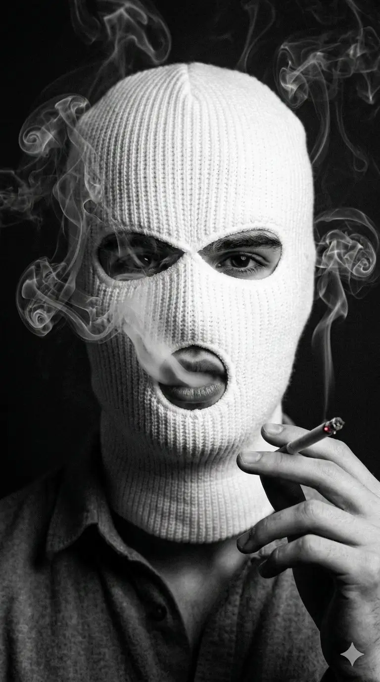 Preview of Noir Portrait with Balaclava and Cigarette Smoke