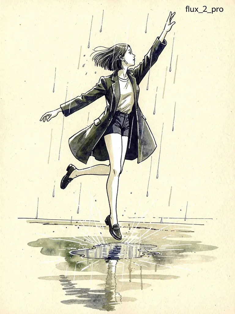 Preview of Ink pen style illustration of a woman jumping in the rain