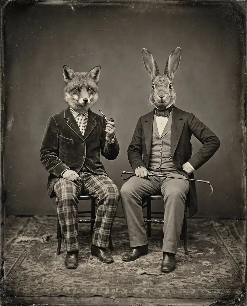 Preview of Vintage Sepia-Toned Portrait with Animal Heads