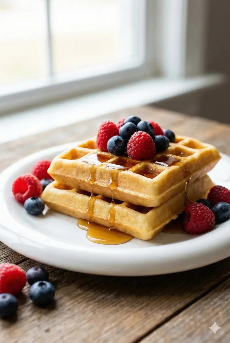 Preview of Eye-Level Belgian Waffles Food Photography Prompt