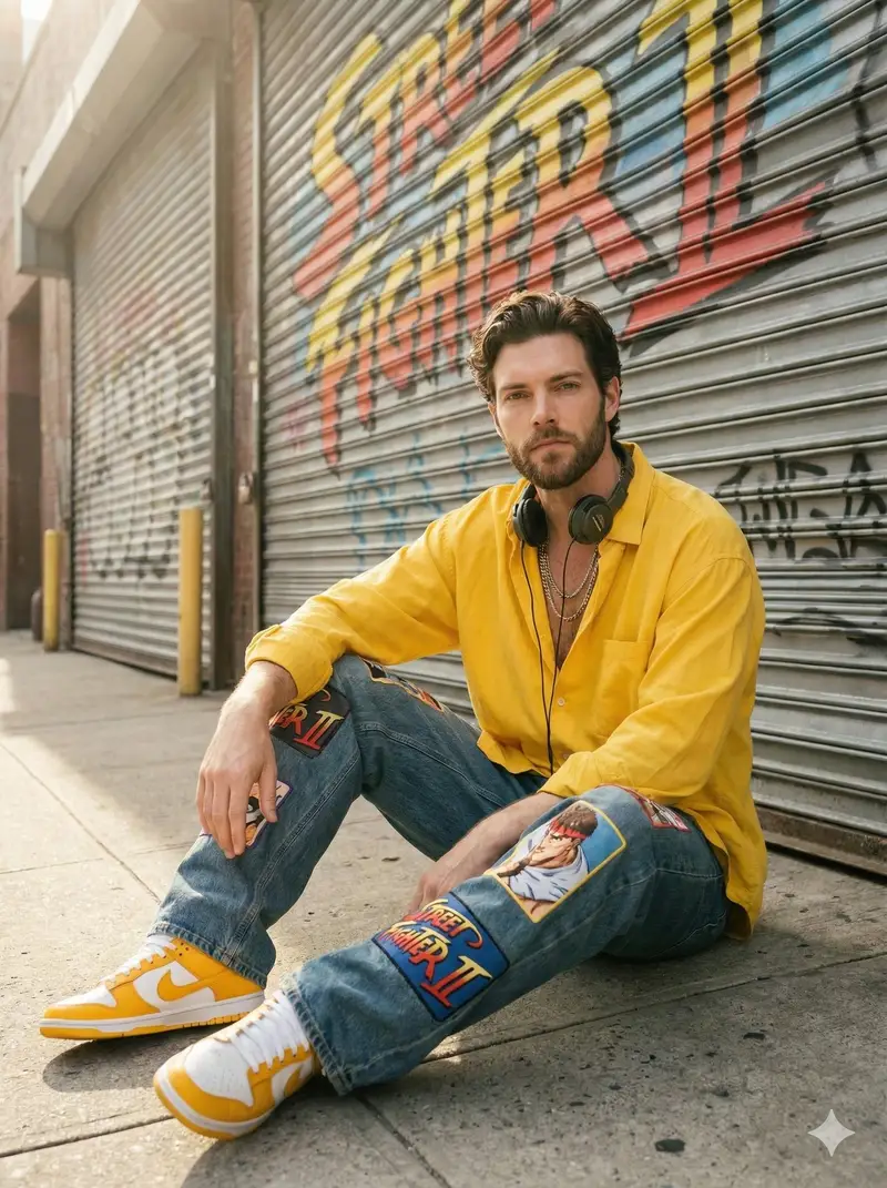 پیش‌نمایش Sunlit Urban Streetwear Portrait with Retro Graffiti