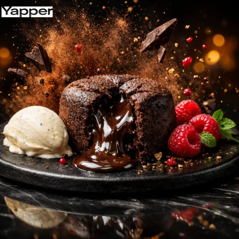 پیش‌نمایش High-Speed Cinematic Luxury Dessert Photography Prompt (Molten Chocolate Lava Cake)