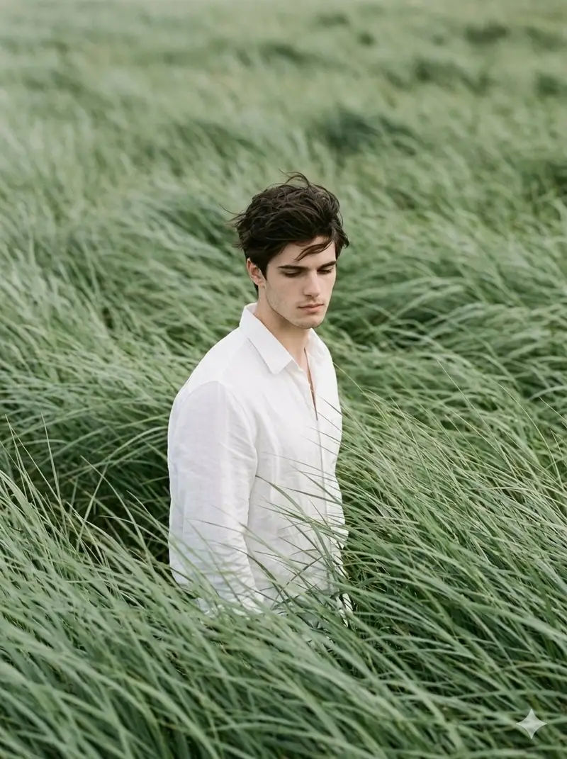 Preview of Cinematic Editorial Portrait in Sage Green Grass Fields