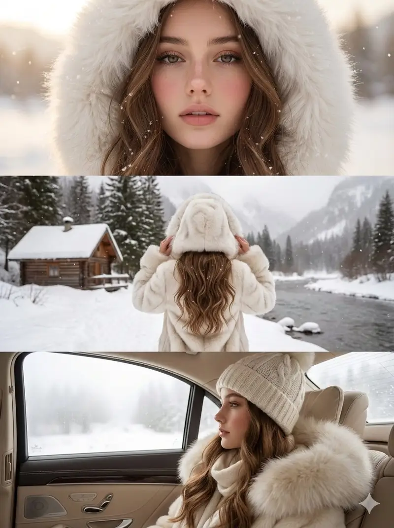 پیش‌نمایش High-Quality Vertical Collage of a Young Woman in Luxury Winter Style