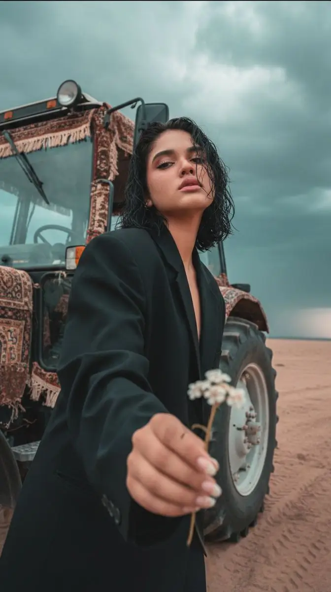 Preview of Cinematic Close-up of Man in Tractor Holding Wildflower