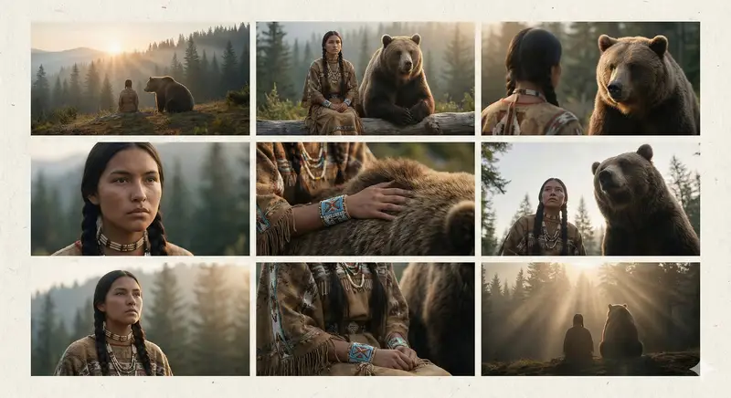 Preview of Cinematic Storyboard of Woman and Bear in Forest