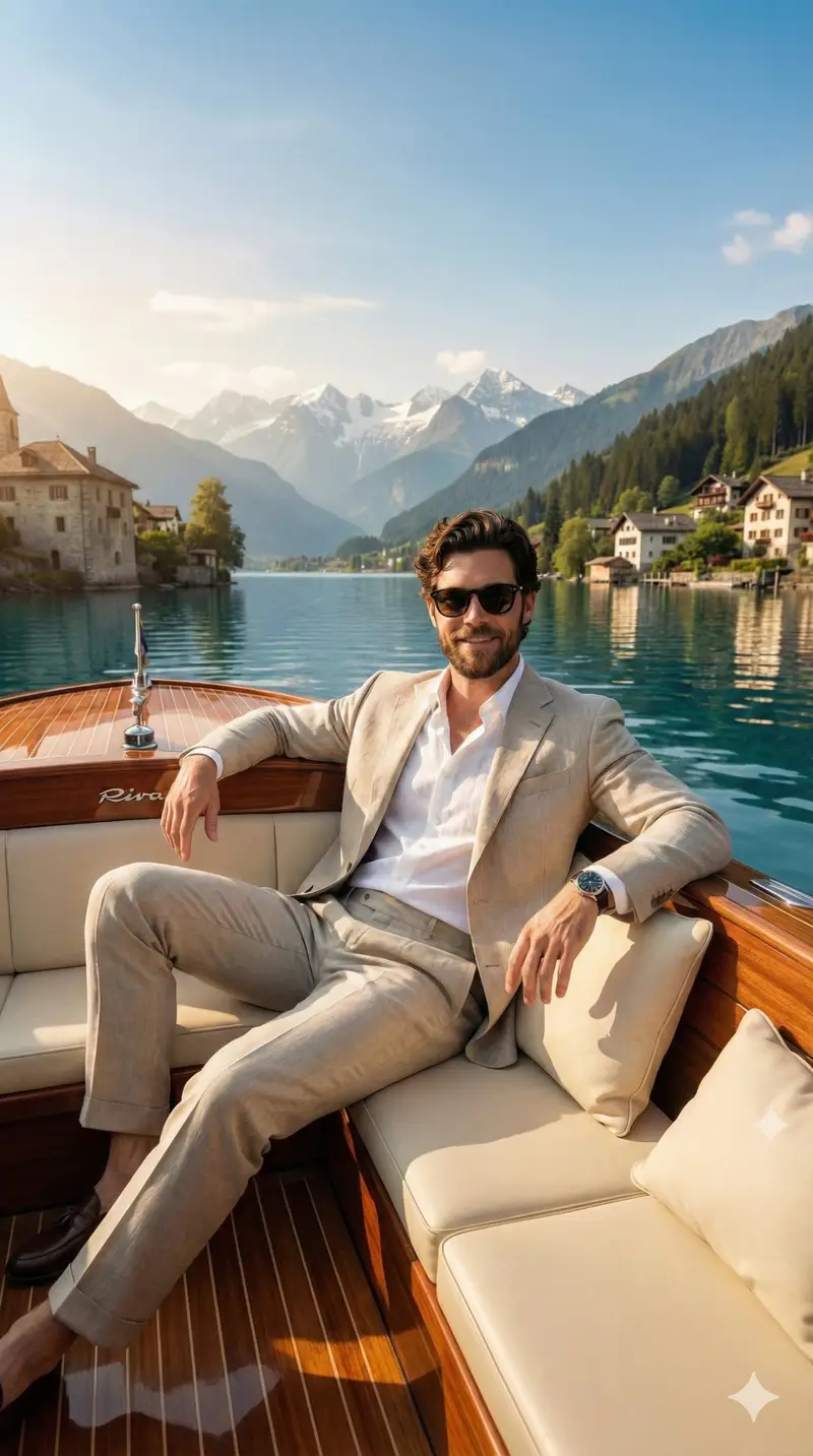 Preview of Luxury Boat Alpine Lake Editorial Photo Prompt