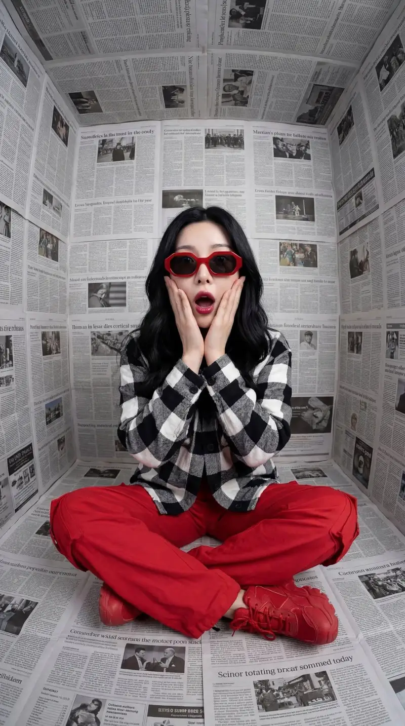 Preview of Surreal Editorial Fashion Portrait with Newspaper Background