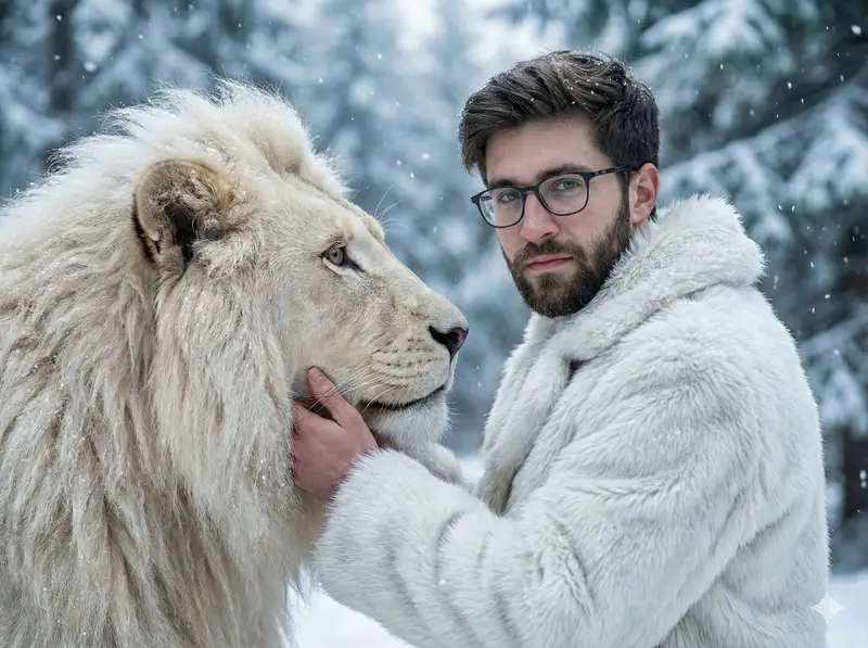Preview of Cinematic Portrait of Man and White Lion in Snowy Forest