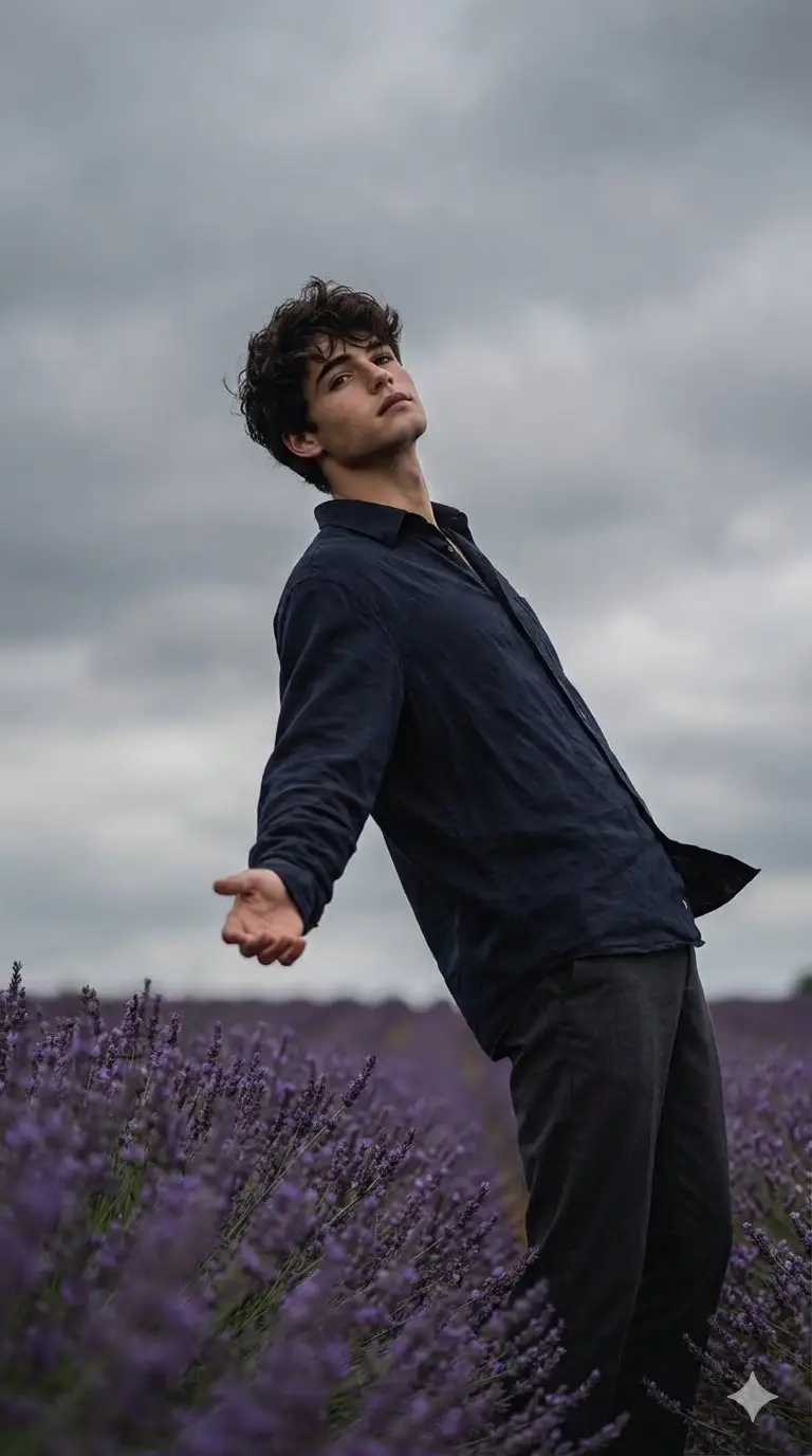 Preview of Cinematic Moody Photograph of Man in Flower Field