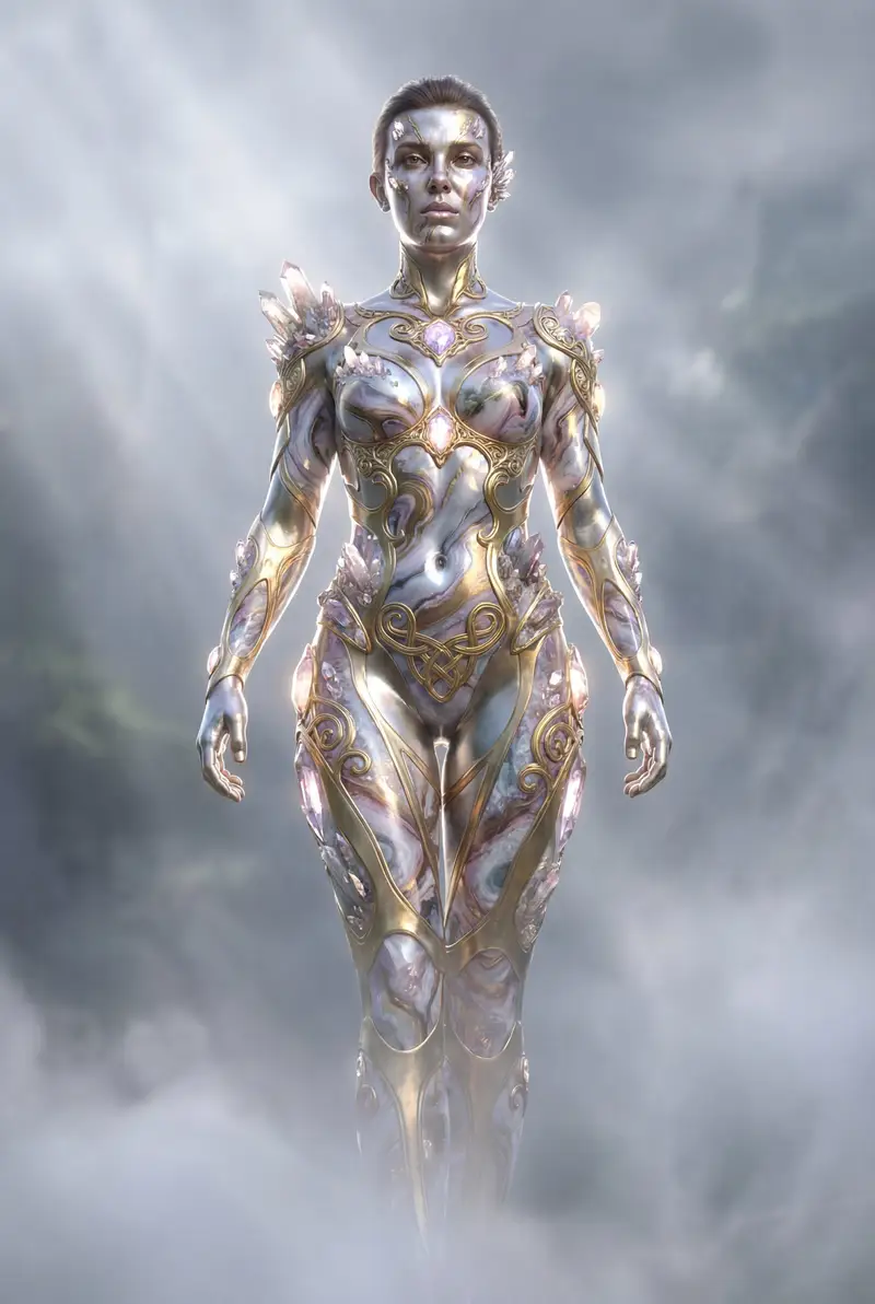 Preview of Cinematic fantasy silhouette art with metallic skin prompt