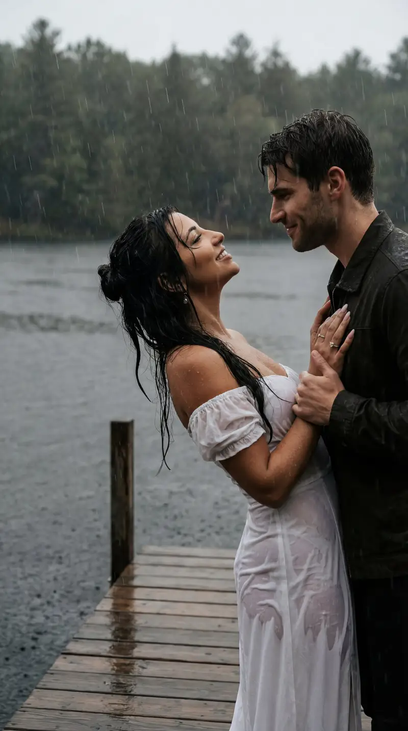 Preview of Cinematic Rainy Lakeside Couple Scene Prompt (Reference Lock)