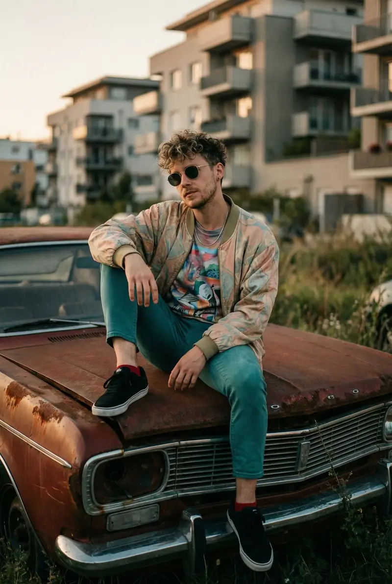 پیش‌نمایش Urban Lifestyle Portrait on Rusted Vintage Car