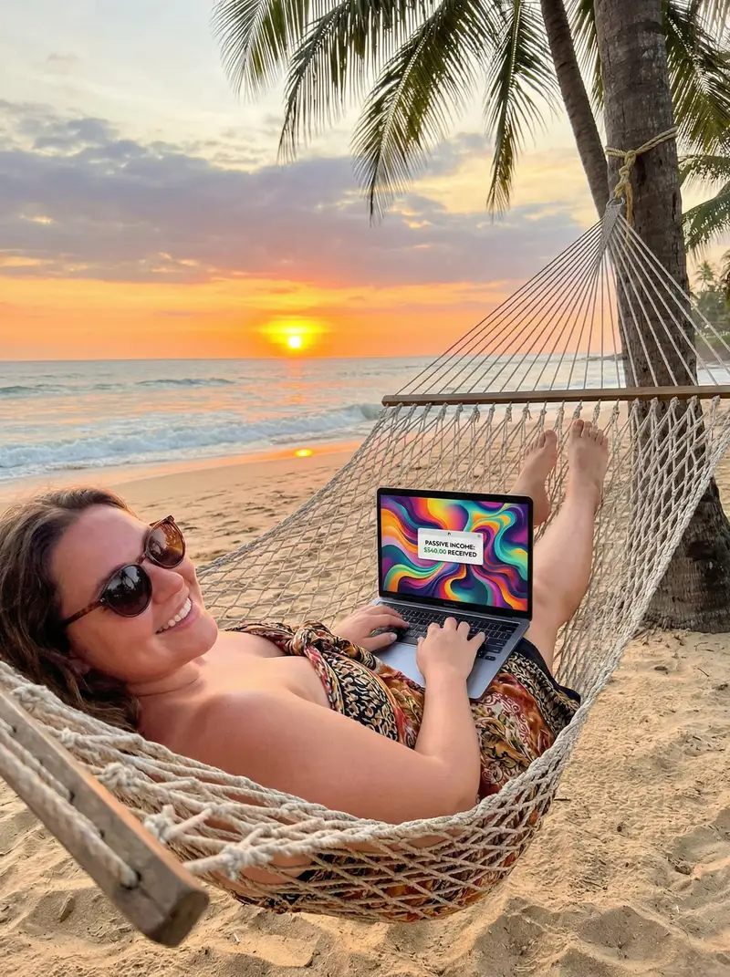 Preview of JSON Prompt for Digital Nomad Generating AI Art on a Beach Hammock