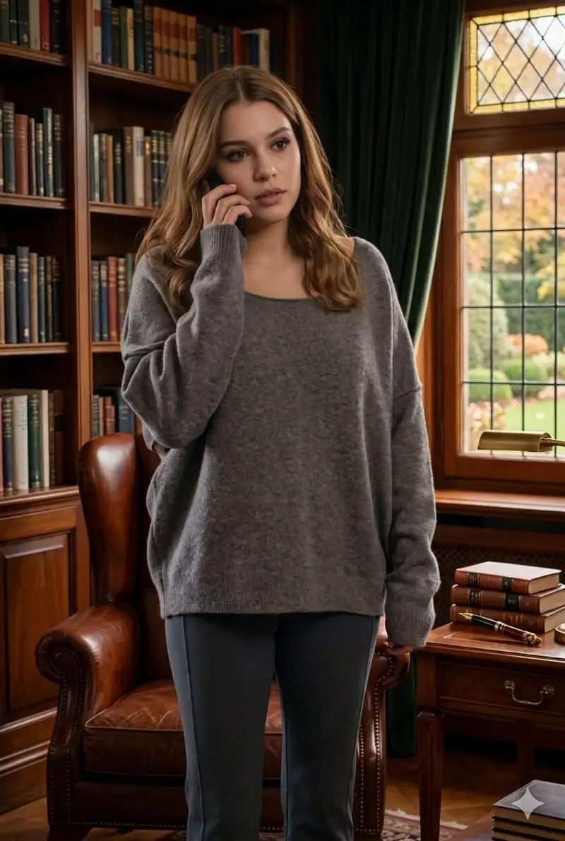 Preview of Cinematic Library Scene with Woman on Phone