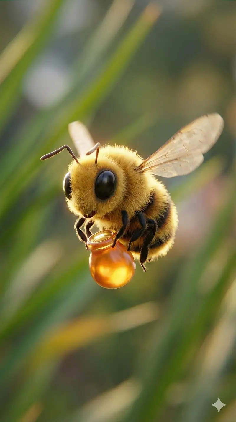 Preview of Macro Render of Fuzzy Bee Character with Honey Droplet
