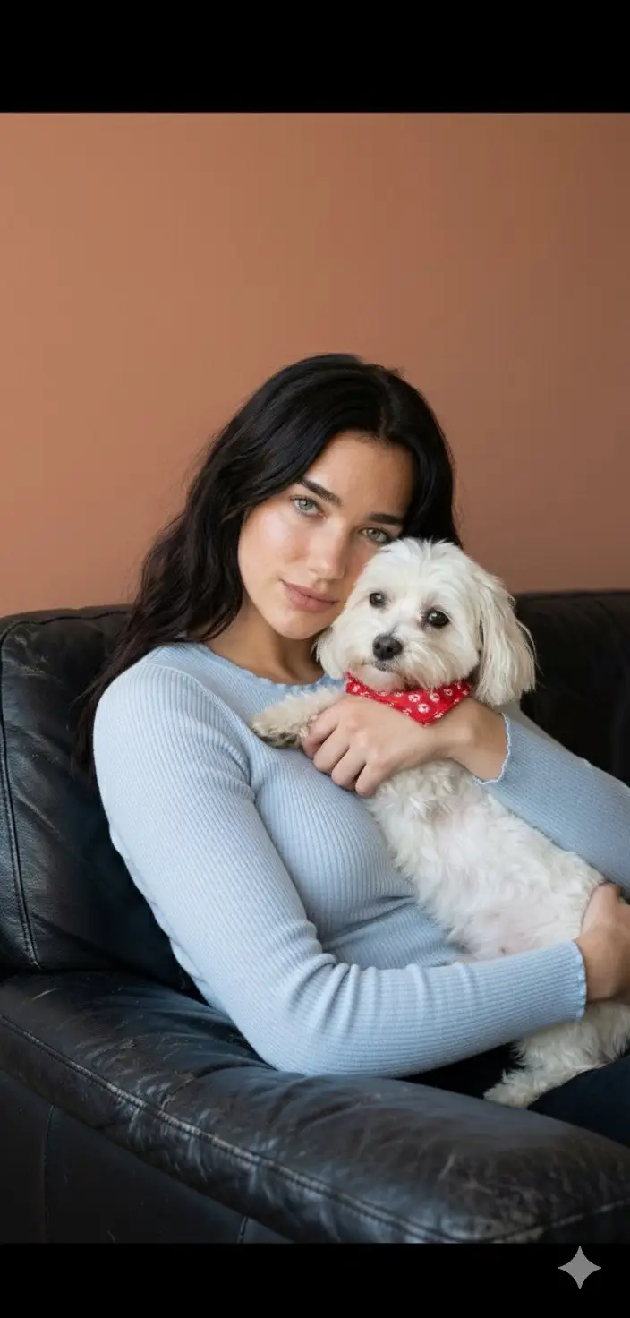 Preview of Dua Lipa Cozy Portrait with Maltese Dog Prompt