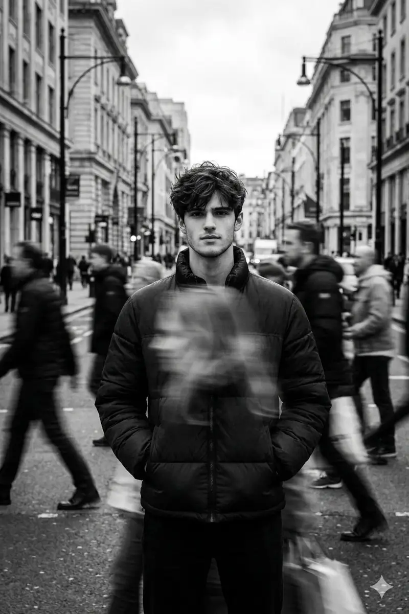 Preview of Black and White Cinematic Street Portrait with Motion Blur
