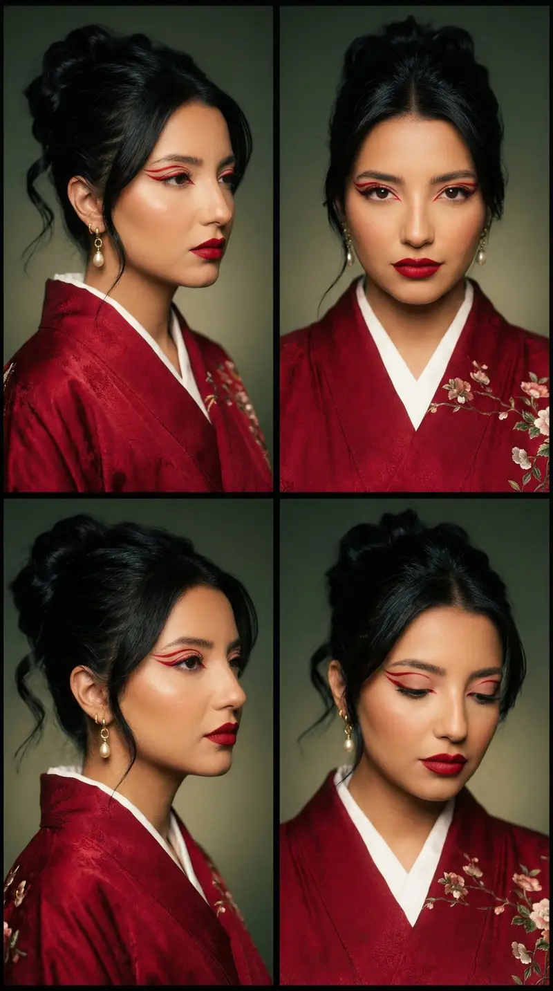 Preview of Cinematic Fashion Editorial Grid: Red Kimono & Graphic Liner