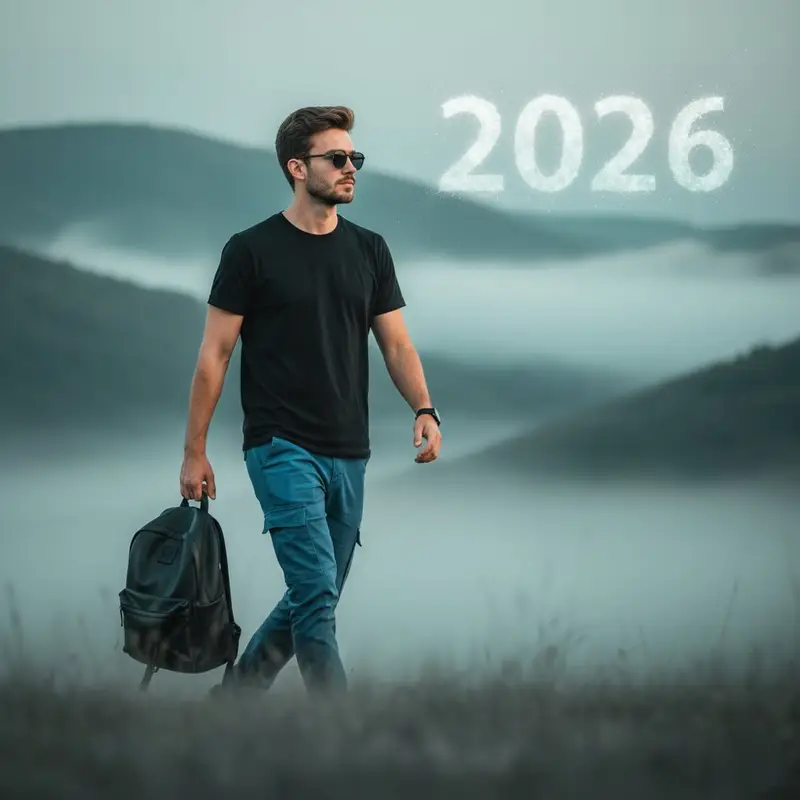 پیش‌نمایش Stylish Person in Cargo Pants Against Ethereal Landscape