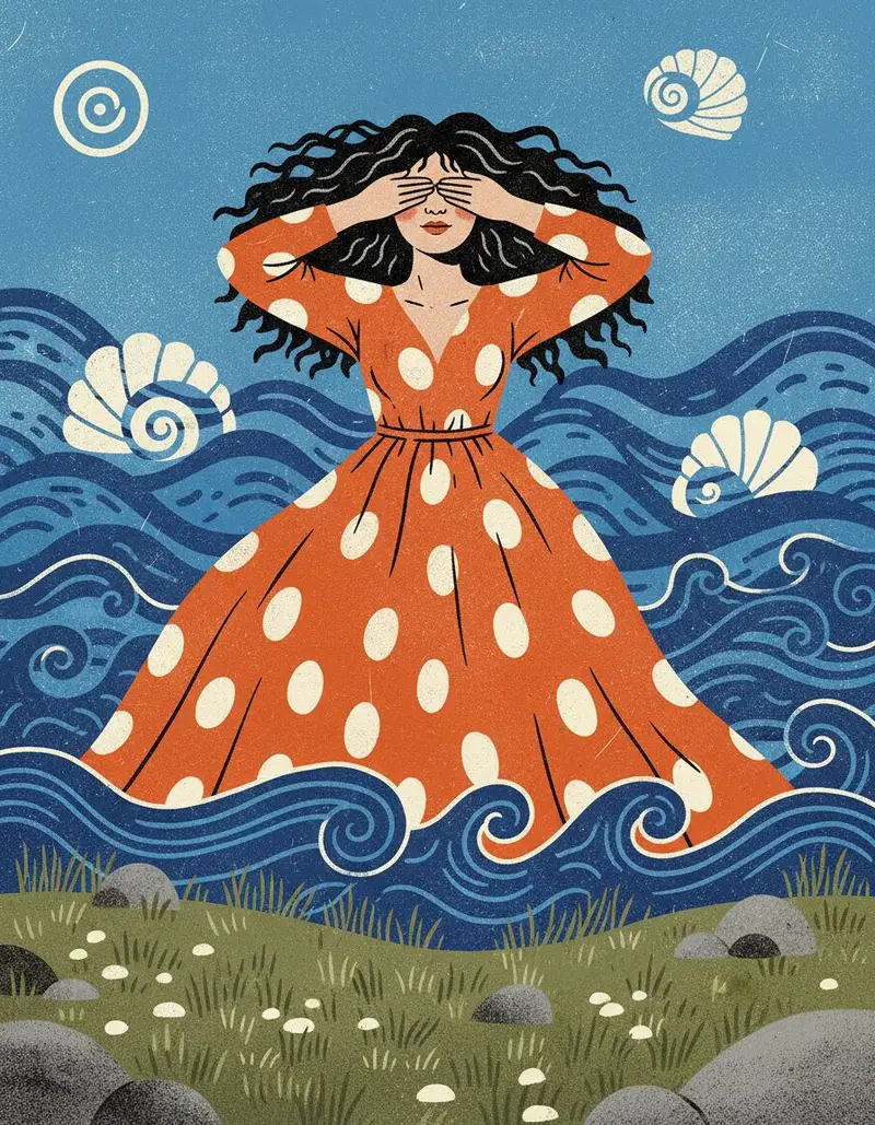 Preview of Stylized Screen Print Illustration of Woman in Sea