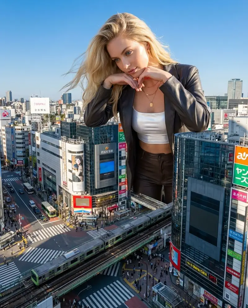 Preview of Surreal Giant Woman at Shibuya Crossing Prompt