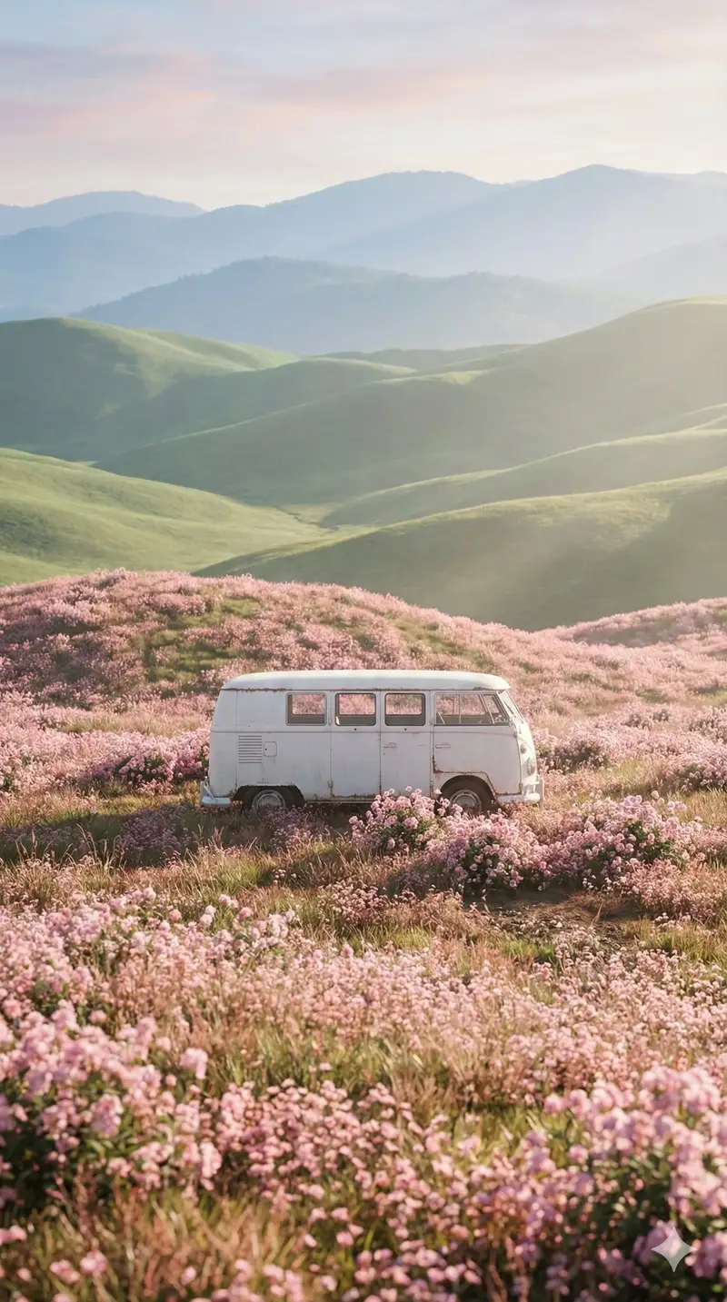 Preview of Cinematic Landscape of Minimalist Van in Pink Flower Fields
