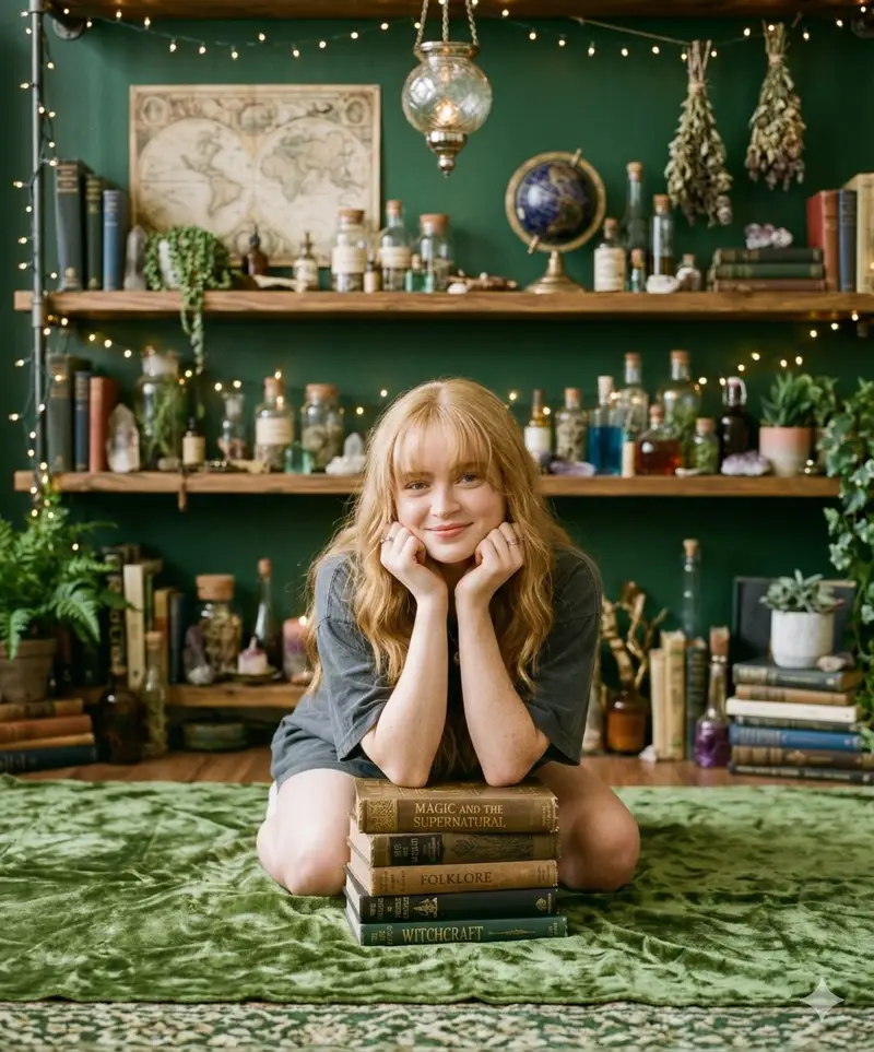 Preview of Cozy Portrait of Girl with Mystical Objects and Vintage Books