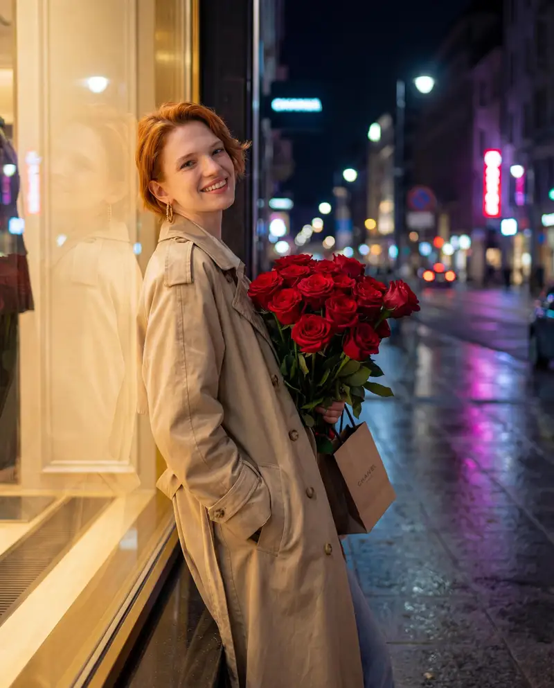 Preview of Candid Night-Time Street Style Photo with Roses