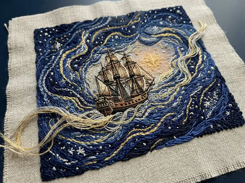 Preview of Tactile Embroidered Tapestry of a Ship in Nebulae