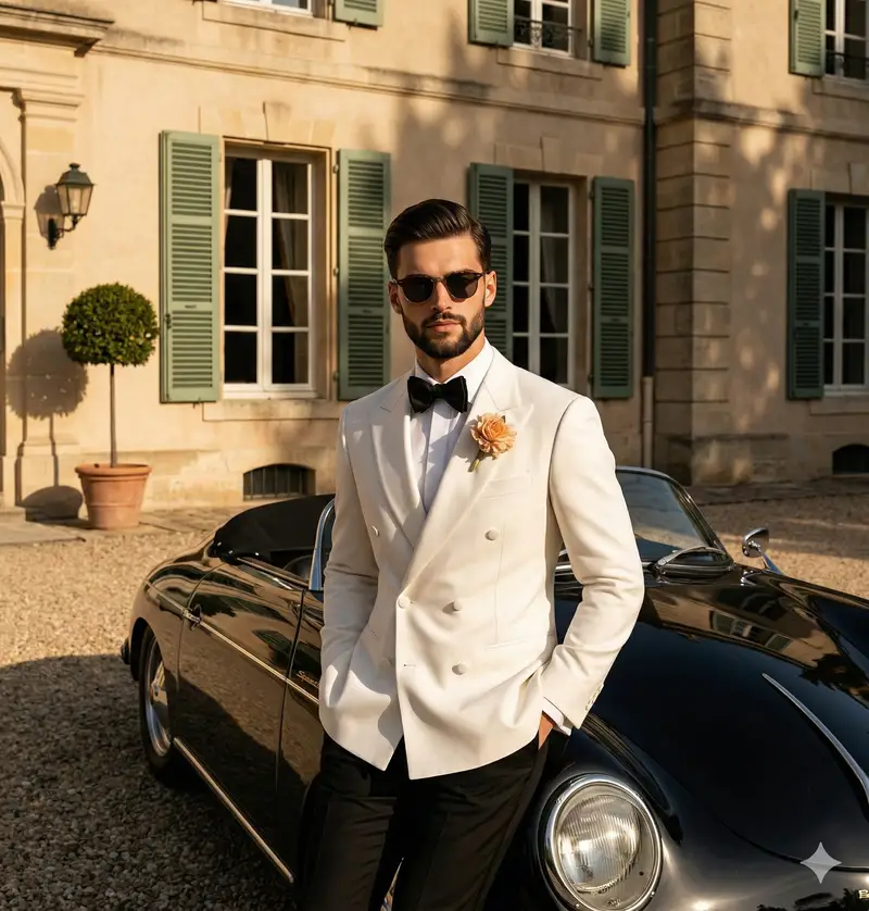 Preview of High-Contrast Editorial Portrait Prompt (Car/Tuxedo)