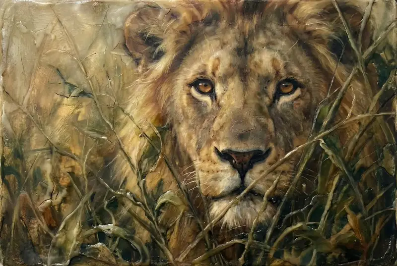 Preview of Heavily Detailed Oil Painting of a Lion in a Thicket