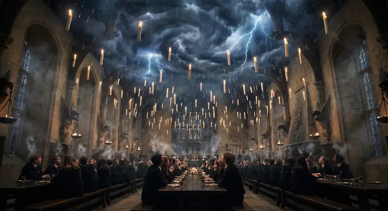 پیش‌نمایش Hogwarts Great Hall during a thunderstorm