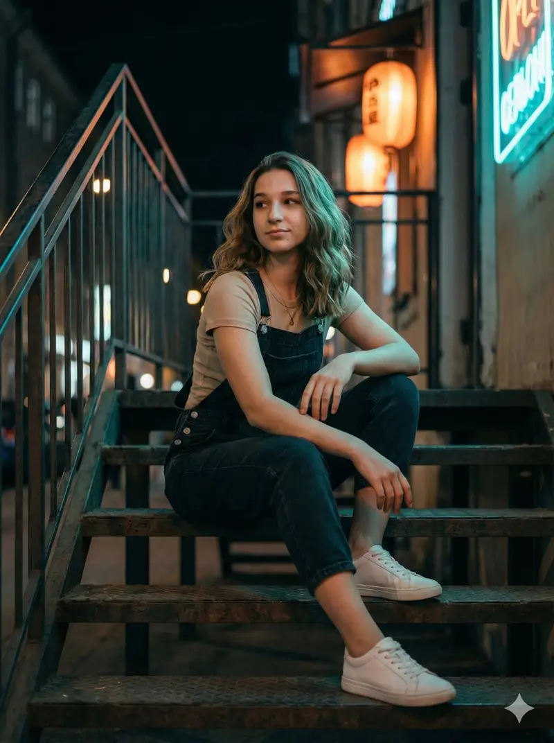 پیش‌نمایش Cinematic Night Portrait on Urban Stairs