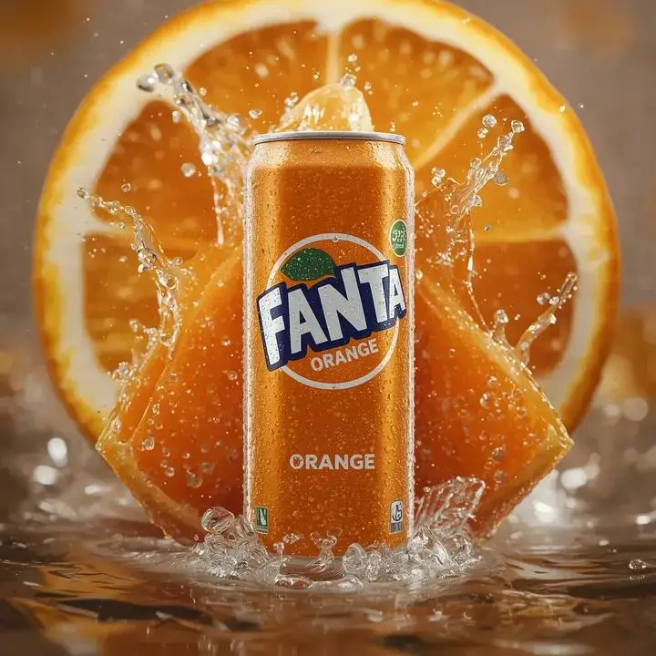 Preview of Hyper-realistic Fanta Orange Product Shot with Splash