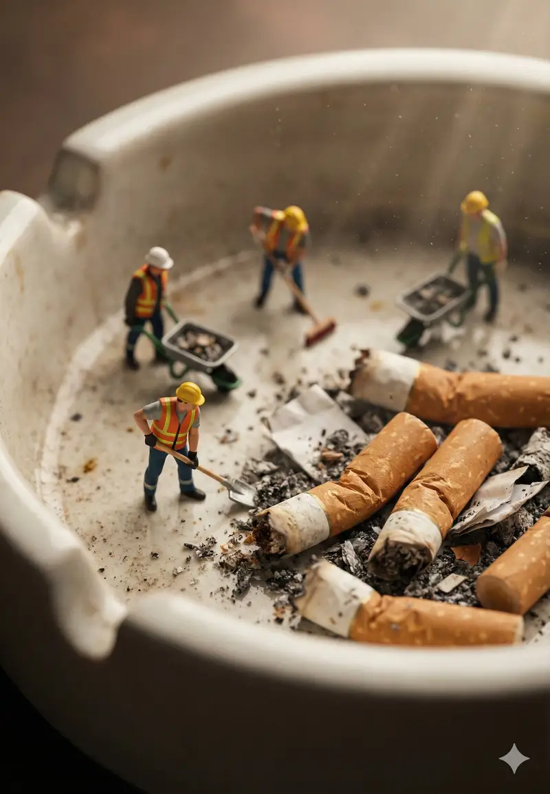 پیش‌نمایش Macro Photography of Miniature Workers Cleaning Ashtray