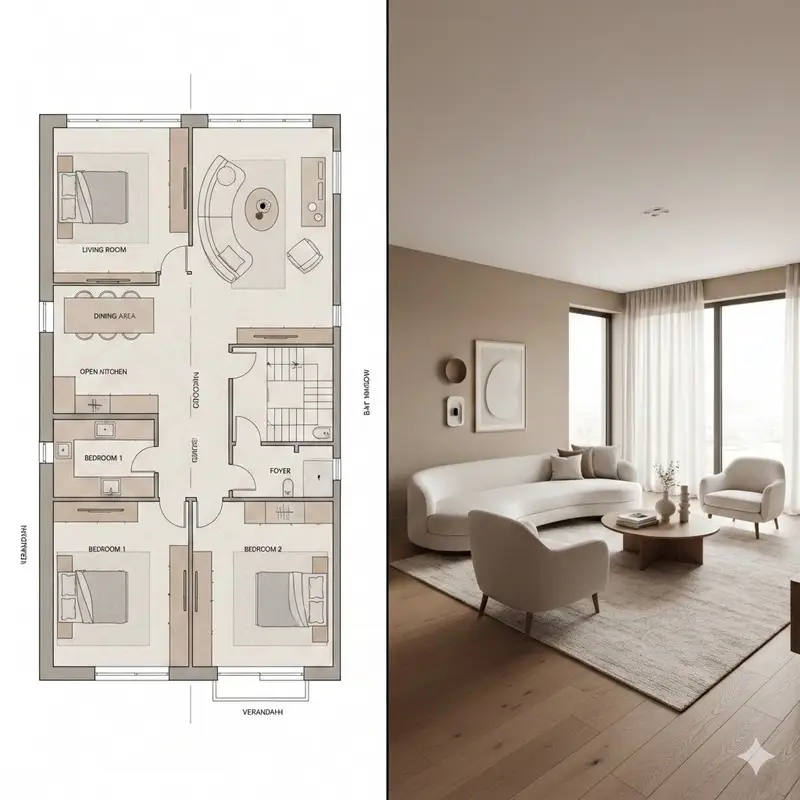 Preview of Prompt for Generating Architectural Floor Plan and Photorealistic Interior Comparison