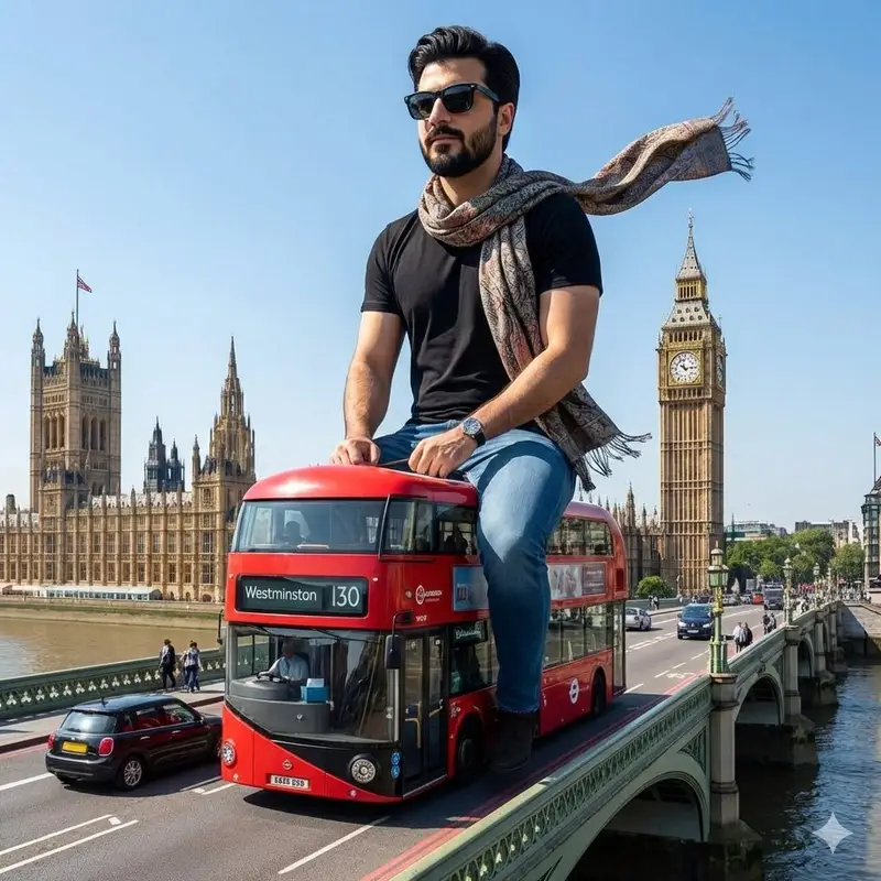 Preview of Surreal Giant Man Riding Miniature London Bus