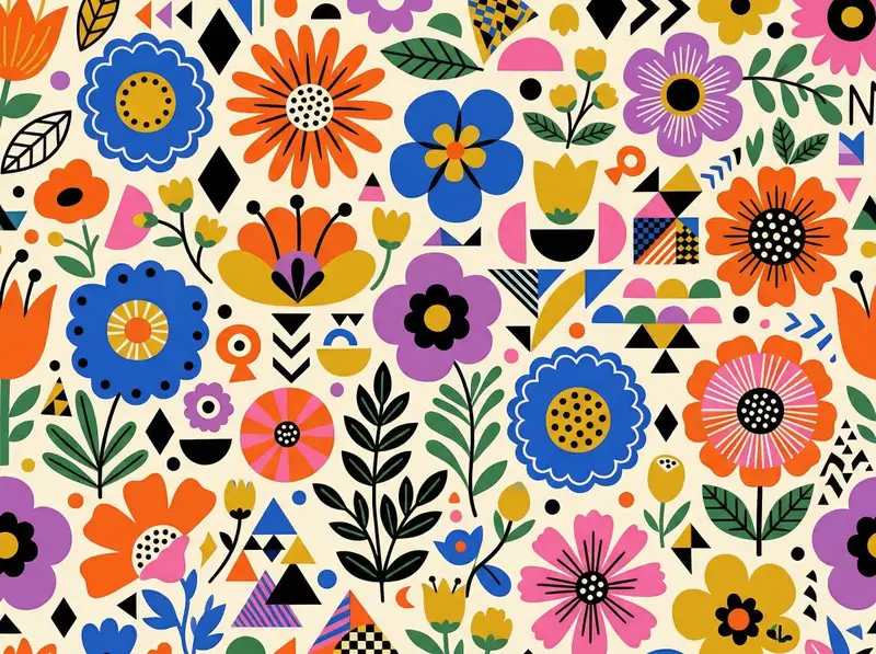 Preview of Vibrant Flat Illustration Pattern of Flowers and Shapes