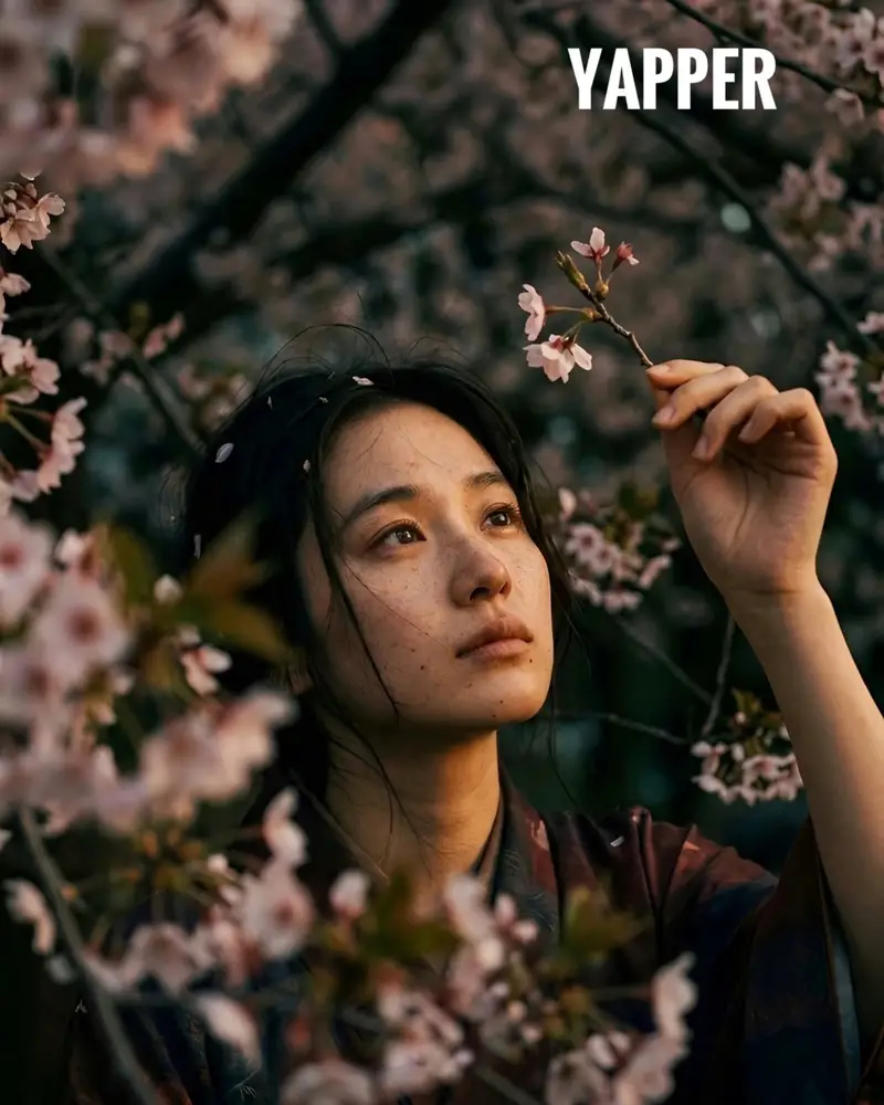 Preview of Japanese woman in vintage kimono under cherry blossoms