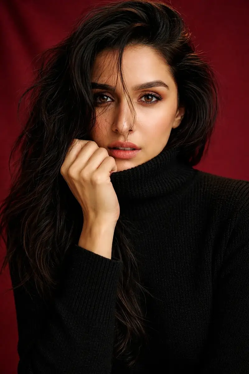 Preview of Shraddha Kapoor Black Turtleneck Studio Portrait Prompt